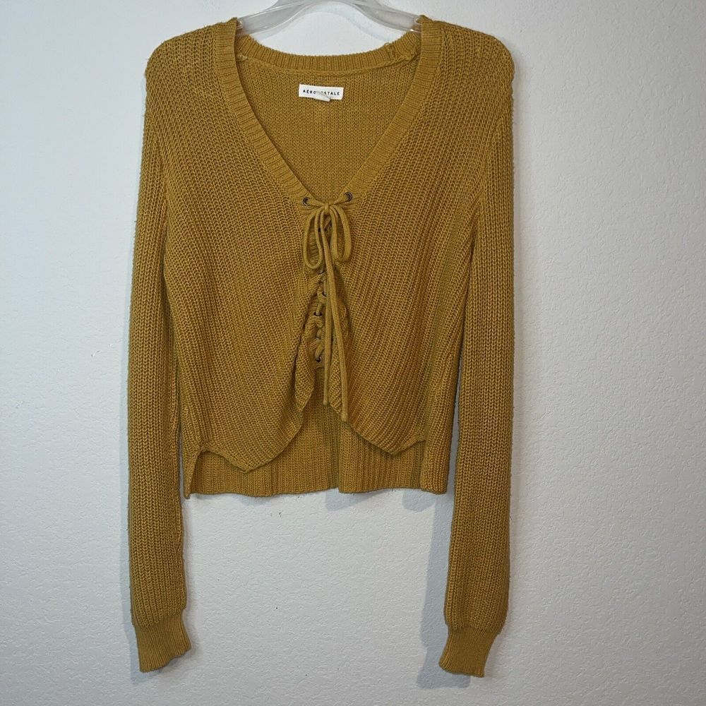 Aeropostale Woman’s small Knit Cropped Lace Up Sweater Small Mustard Boxy Boho